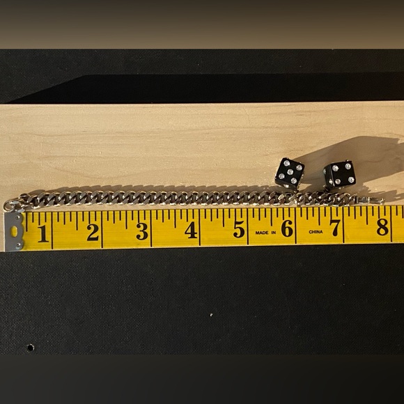 SUPER RARE VTG Bakelite/Glass Rhinestone Dice/Stainless Cuban Chain 7” - Picture 6 of 7